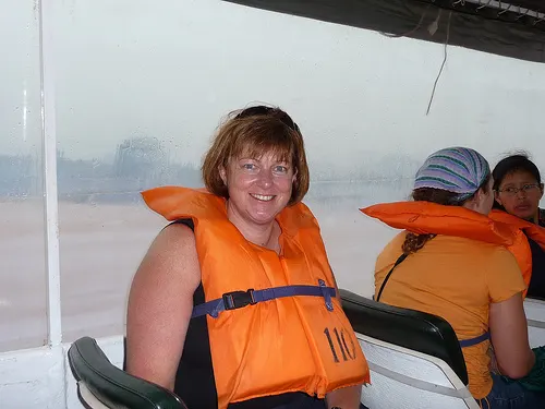 joanne-on-the-motorised-canoe Trekking and sightseeing in Peru
