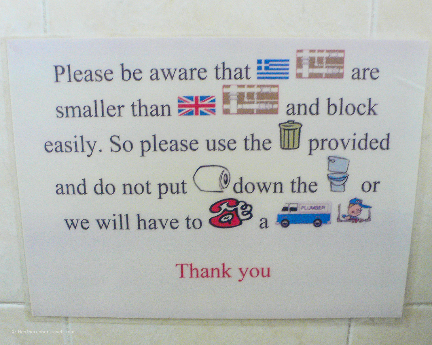 Don't throw paper down the toilet - sign in Greece