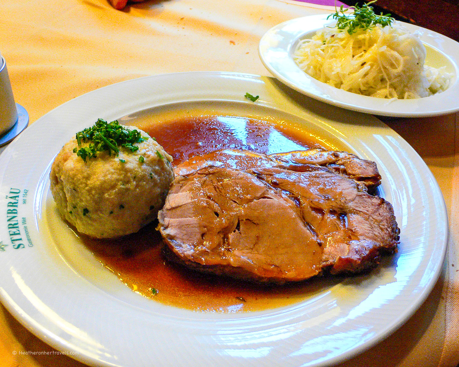 Roast pork knuckle and dumplings at Sternbrau in Salzburg