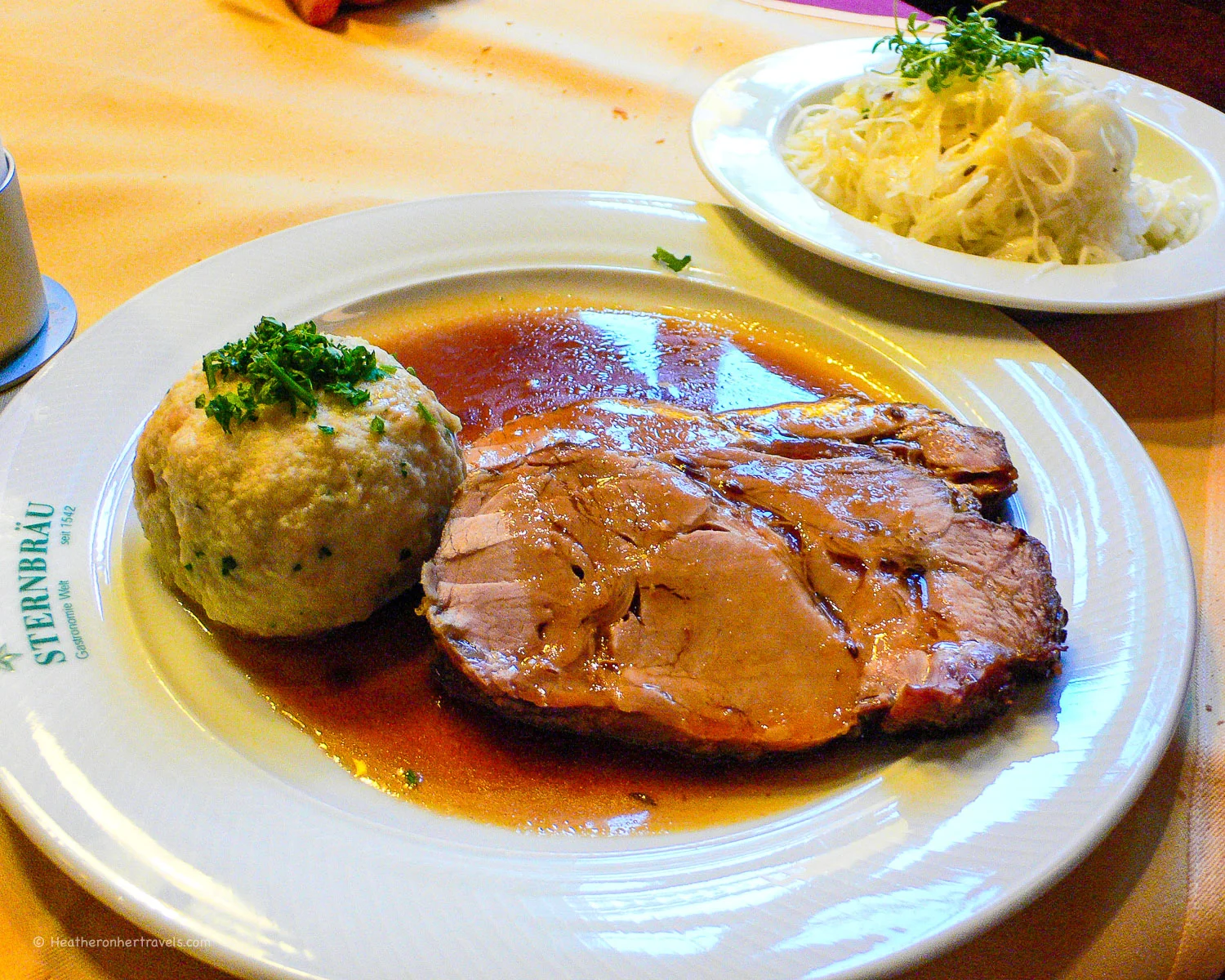Roast pork knuckle and dumplings at Sternbrau in Salzburg