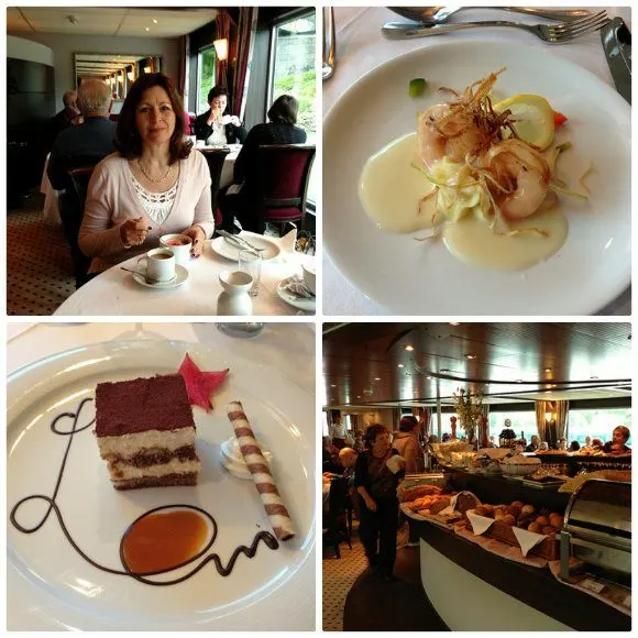 Clockwise from Top Left: Heather enjoys breakfast, an entree of prawns served for dinner, the breakfast buffet, a desert at dinner on the Amadeus Princess with Lueftner Cruises Clockwise from Top Left: Heather enjoys breakfast, an entree of prawns served for dinner, the breakfast buffet, a desert at dinner on the Amadeus Princess with Lueftner Cruises