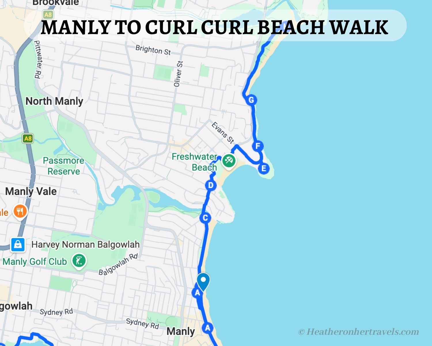 Manly to Curl Curl Beach Sydney map Heatheronhertravels.com