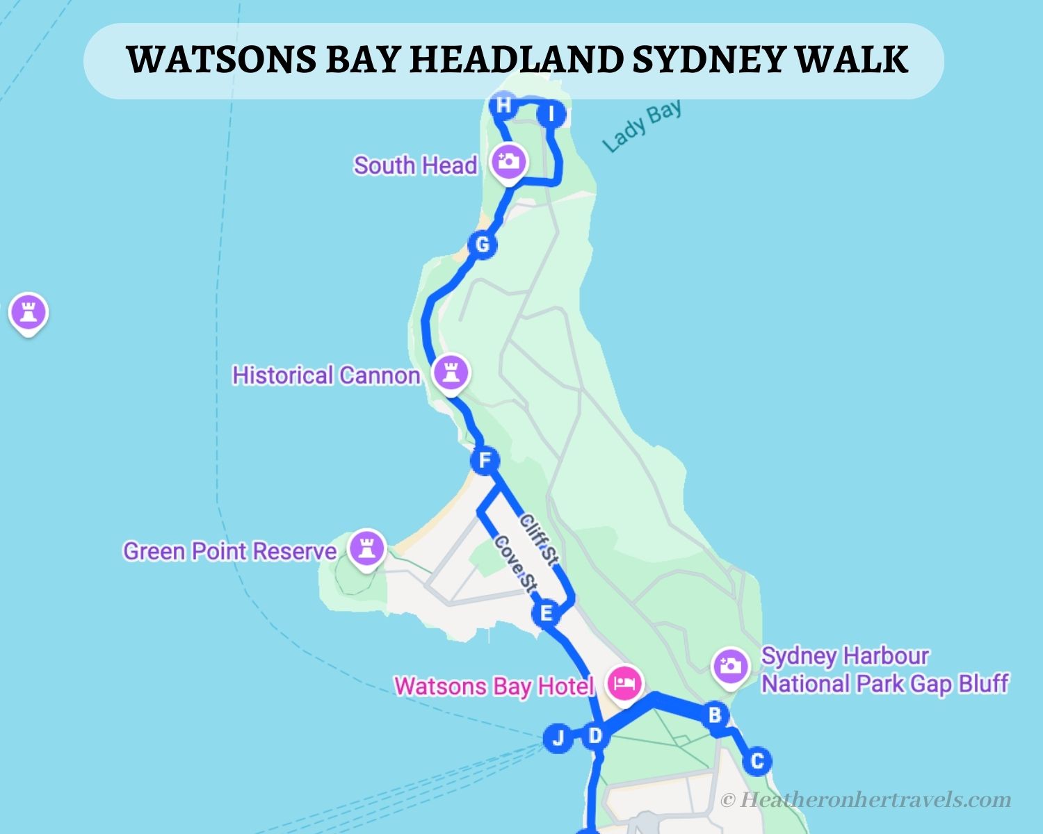 Watsons Bay Headland Sydney map Heatheronhertravels.com