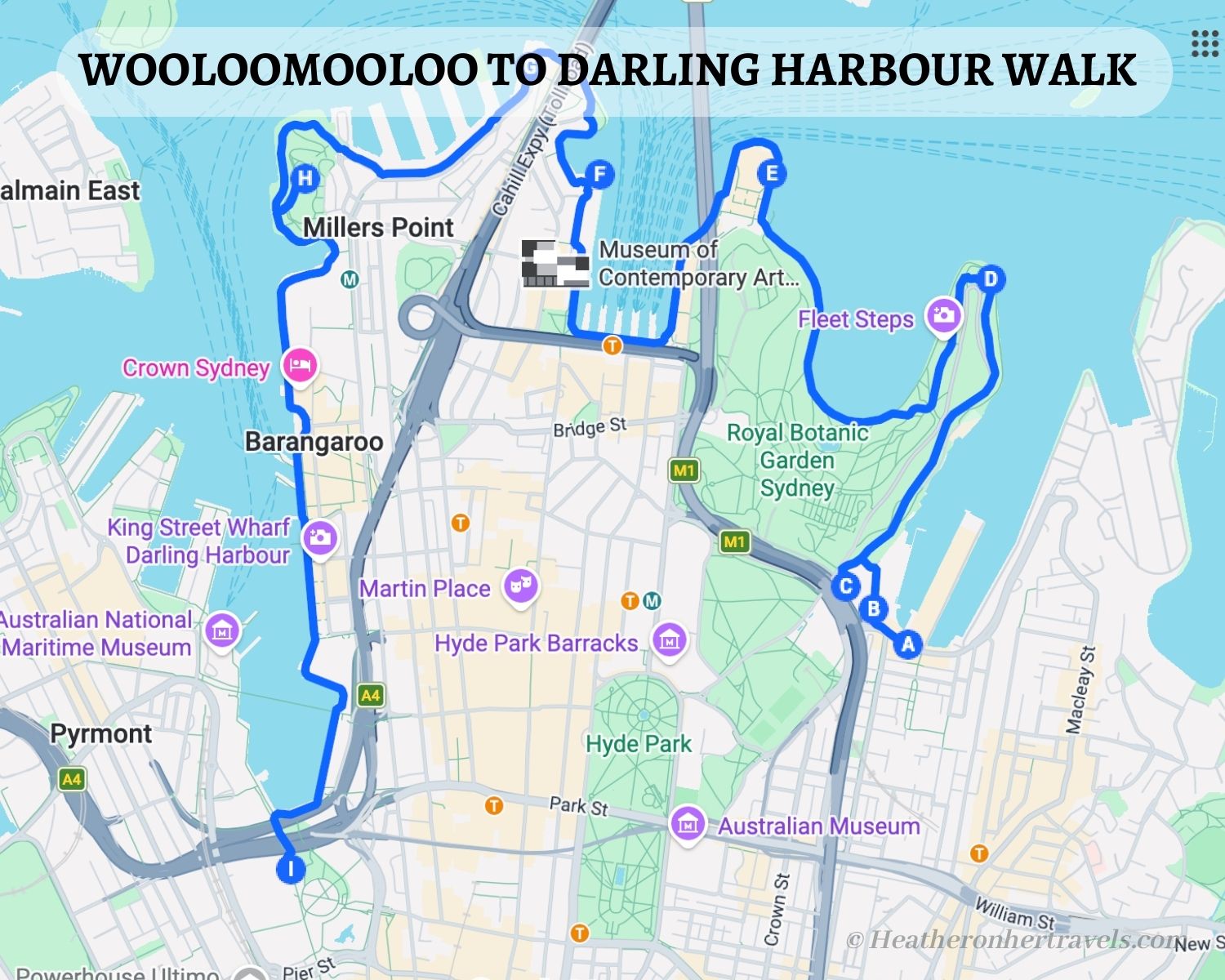 Wooloomooloo to Darling Harbour Sydney map Heatheronhertravels.com